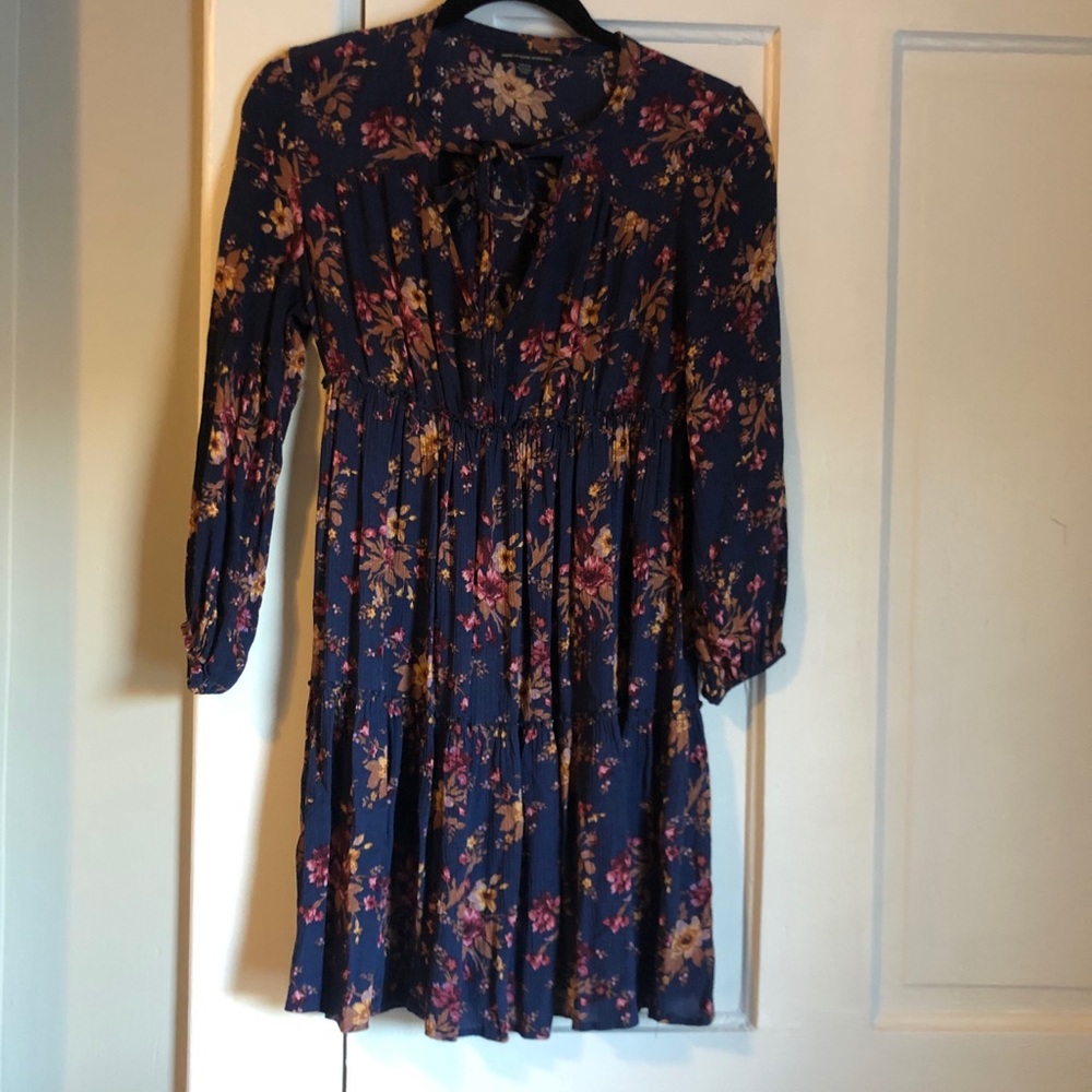 NAVY BLUE AND FLORAL 3/4 SLEEVE DRESS